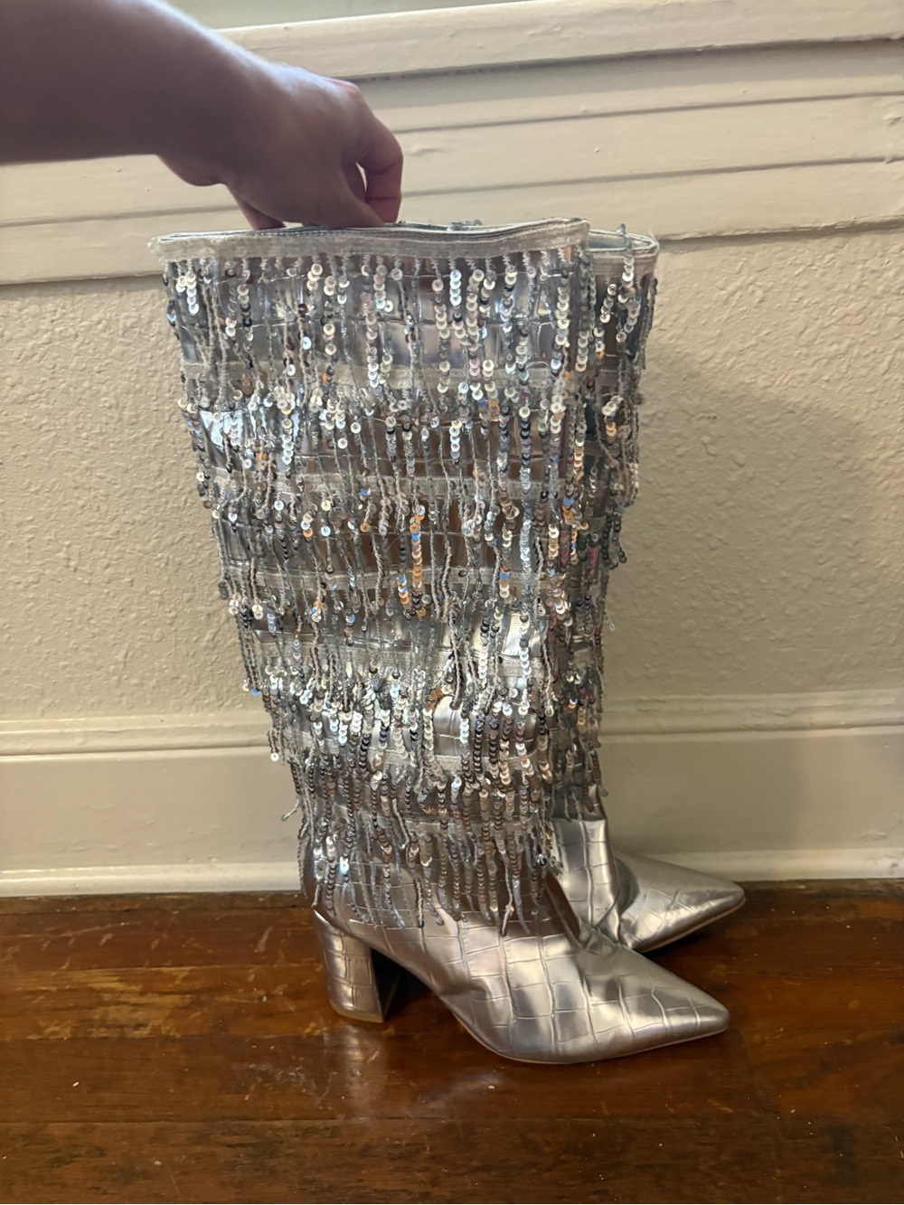 Silver Sequin Fringe Pointed-Toe Mid-Calf Boots